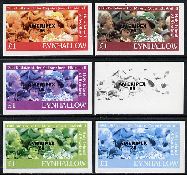 Eynhallow 1986 Queens 60th Birthday imperf souvenir sheet (\A31 value with Cub-Scouts in crowd) with AMERIPEX opt in black set of 6 progressive proofs comprising single &..., stamps on scouts, stamps on royalty, stamps on 60th birthday, stamps on stamp exhibitions