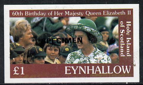 Eynhallow 1986 Queen's 60th Birthday imperf souvenir sheet (A31 value with Cub-Scouts in crowd) with SPECIMEN opt in black unmounted mint, stamps on , stamps on  stamps on scouts     royalty       60th birthday