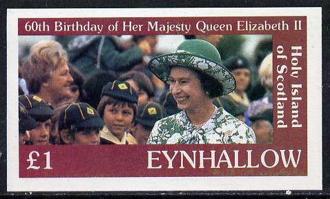 Eynhallow 1986 Queen's 60th Birthday imperf souvenir sheet (£1 value with Cub-Scouts in crowd) unmounted mint, stamps on scouts, stamps on royalty, stamps on 60th birthday