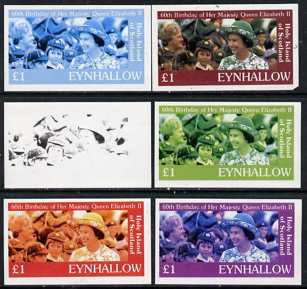 Eynhallow 1986 Queen's 60th Birthday imperf souvenir sheet (\A31 value with Cub-Scouts in crowd) set of 6 progressive proofs comprising single & composite combinations incl completed design unmounted mint, stamps on scouts     royalty        60th birthday