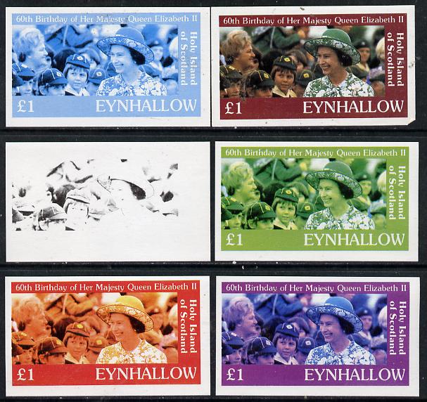 Eynhallow 1986 Queen's 60th Birthday imperf souvenir sheet (A31 value with Cub-Scouts in crowd) set of 6 progressive proofs comprising single & composite combinations incl completed design unmounted mint, stamps on , stamps on  stamps on scouts     royalty        60th birthday