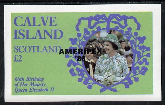 Calve Island 1986 Queen's 60th Birthday imperf deluxe sheet (Â£2 value with Cub-Scouts in crowd) with AMERIPEX opt in black unmounted mint, stamps on , stamps on  stamps on scouts, stamps on  stamps on royalty, stamps on  stamps on 60th birthday, stamps on  stamps on stamp exhibitions