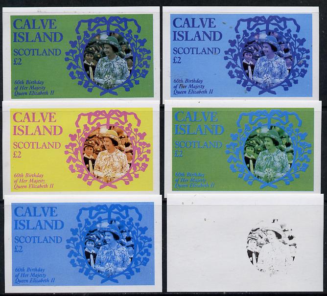 Calve Island 1986 Queens 60th Birthday imperf deluxe sheet (\A32 value with Cub-Scouts in crowd) set of 6 imperf progressive proofs comprising single & composite combinat..., stamps on scouts     royalty        60th birthday