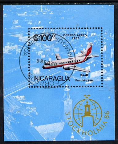 Nicaragua 1986 Stockholmia 86 Stamp Exhibition (Saab Aeroplane) m/sheet cto used, SG MS 2790, stamps on aviation, stamps on saab, stamps on stamp exhibitions