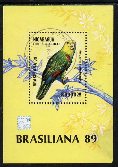 Nicaragua 1989 'Brasiliana 89' Stamp Exhibition (Parrot) m/sheet cto used, SG MS 3067, stamps on , stamps on  stamps on parrot    birds, stamps on  stamps on stamp exhibitions