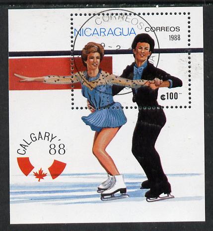 Nicaragua 1988 Winter Olympics (Pairs Ice Skating) m/sheet cto used, SG MS 2944, stamps on olympics    skating    sport