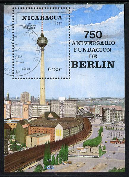 Nicaragua 1987 750th Anniversary of Berlin (Tower & Railway Station) m/sheet cto used, SG MS 2903, stamps on monuments   railways