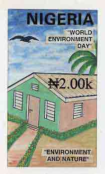 Nigeria 1993 World Environment Day - original hand-painted artwork for N2 value showing house & garden by unknown artist, on board 5x8.5, endorsed D2, stamps on environment      housing