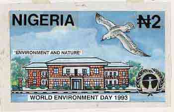 Nigeria 1993 World Environment Day - original hand-painted artwork for N2 value showing Bird flying over House by Godrick N Osuji, on card 8.5x5, endorsed D1, stamps on , stamps on  stamps on environment      housing
