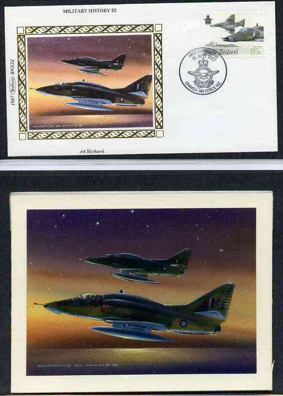 New Zealand 1987 50th Anniversary of Royal New Zealand Air Force - original hand-painted artwork by Gordon G Davies showing McDonnell Douglas A-4 Skyhawks on night flight, as used to illustrate Benham silk first day cover (85c value), mounted on board 5.5 x 4 plus the matching Benham silk cover, a magnificent and attractive unit, stamps on , stamps on  stamps on aviation, stamps on douglas, stamps on  stamps on  raf , stamps on  stamps on  ww2 , stamps on  stamps on 
