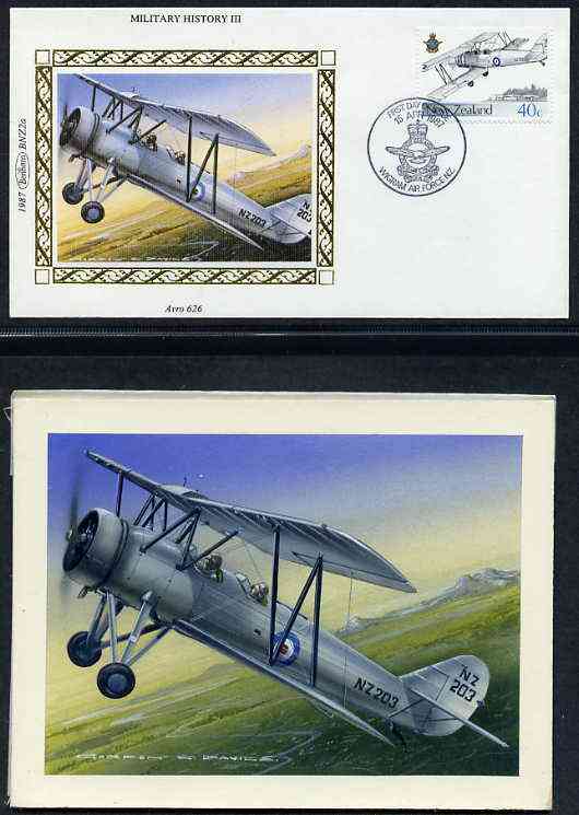 New Zealand 1987 50th Anniversary of Royal New Zealand Air Force - original hand-painted artwork by Gordon G Davies showing Avro 626 (Prefect), as used to illustrate Benh..., stamps on aviation, stamps on avro, stamps on  raf , stamps on  ww2 , stamps on 