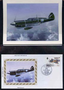 New Zealand 1987 50th Anniversary of Royal New Zealand Air Force - original hand-painted artwork by Gordon G Davies showing Curtiss Kittyhawk Mk III (P40M), as used to illustrate Benham silk first day cover (70c value), mounted on board 5.5 x 4 plus the matching Benham silk cover, a magnificent and attractive unit, stamps on , stamps on  stamps on aviation, stamps on curtiss, stamps on  stamps on  raf , stamps on  stamps on  ww2 , stamps on  stamps on 