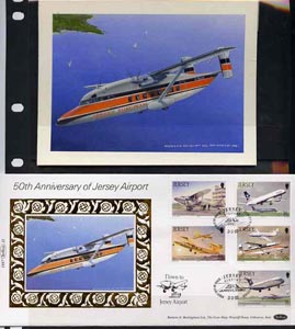 Jersey 1987 50th Anniversary of Jersey Airport - original hand-painted artwork  by Gordon G Davies showing Shorts 330 approaching Jersey, as used to illustrate Benham sil..., stamps on aviation, stamps on shorts, stamps on airports