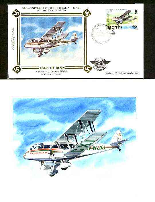 Isle of Man 1984 50th Anniversary of First Air Mail & ICAO Anniversary - original hand-painted artwork by A D Theobald showing Railway Air Services DH 84, as used to illu..., stamps on aviation, stamps on dh