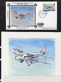 Isle of Man 1984 50th Anniversary of First Air Mail & ICAO Anniversary - original hand-painted artwork by A D Theobald showing West Coast Air Services DH 86, as used to illustrate Benham silk first day cover (13p value), mounted on board 6 x 4.5 plus the matching Benham silk cover, a magnificent and attractive unit, stamps on , stamps on  stamps on aviation, stamps on dh
