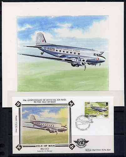 Isle of Man 1984 50th Anniversary of First Air Mail & ICAO Anniversary - original hand-painted artwork by A D Theobald showing BEA Douglas DC-3, as used to illustrate Benham silk first day cover (26p value), mounted on board 6 x 4.5 plus the matching Benham silk cover, a magnificent and attractive unit, stamps on , stamps on  stamps on aviation, stamps on douglas, stamps on dc
