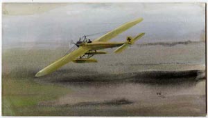original hand-painted artwork by Norman Wilkinson showing Early German Float plane, on board 10.5x6 (possibly submitted as stamp design), stamps on aviation