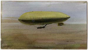 original hand-painted artwork by Norman Wilkinson showing German Airship Z-3, 1915, on board 10.5x6 (possibly submitted as stamp design), stamps on aviation