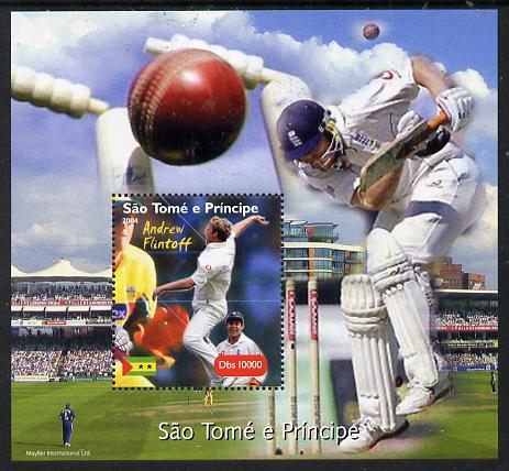 St Thomas & Prince Islands 2004 Cricket - Andrew Flintoff perf souvenir sheet unmounted mint. Note this item is privately produced and is offered purely on its thematic a..., stamps on sport, stamps on cricket