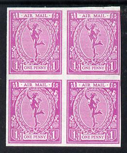 Cinderella - Great Britain 1974 1d label in pink imperf block of 4 issued for a Children's Philatelic Exhibition staged in London featuring an old time 'Mercury' Air Mail essay which was never accepted, stamps on , stamps on  stamps on aviation        cinderella        mythology     children