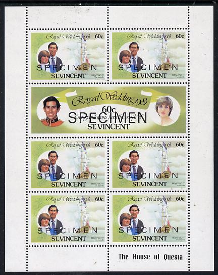 St Vincent 1981 Royal Wedding 60c Sheetlet (Royal Yacht Isabella) opt'd SPECIMEN unmounted mint, stamps on ships, stamps on royalty, stamps on diana, stamps on charles, stamps on , stamps on sailing