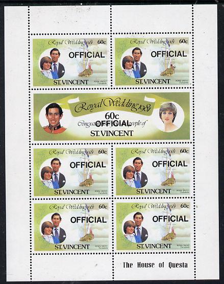 St Vincent 1981 Royal Wedding 60c Sheetlet (Royal Yacht Isabella) opt'd Official, unmounted mint SG O1a, stamps on , stamps on  stamps on ships     royalty, stamps on  stamps on diana, stamps on  stamps on charles, stamps on  stamps on     sailing