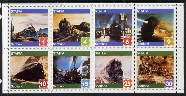 Staffa 1978 Paintings of Steam Locos perf  set of 8 values (1p to 30p) unmounted mint, stamps on railways, stamps on arts