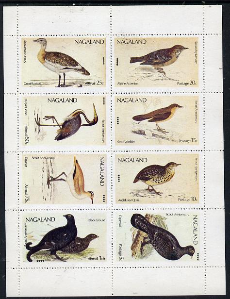 Nagaland 1974 Birds (with Scout Emblems) perf set of 8 unmounted mint, stamps on birds, stamps on scouts, stamps on bustard, stamps on accentor, stamps on heron, stamps on warbler, stamps on quail, stamps on courser, stamps on capercali, stamps on grouse