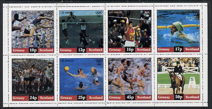 Grunay 1984 Los Angeles Olympic Games perf  set of 8 values unmounted mint (10p to 50p), stamps on , stamps on  stamps on olympics, stamps on  stamps on hurdles, stamps on  stamps on javelin, stamps on  stamps on swimming, stamps on  stamps on running, stamps on  stamps on dressage, stamps on  stamps on horses, stamps on  stamps on water polo