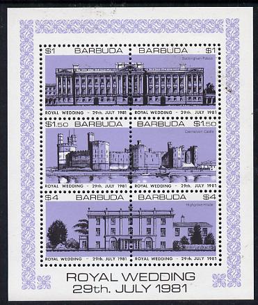 Barbuda 1981 Royal Wedding (Buildings) sheetlet containing set of 3 with lavender background (SG 566a) unmounted mint