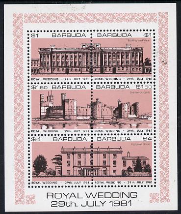 Barbuda 1981 Royal Wedding (Buildings) sheetlet containing set of 3 with rose-pink background (SG 566a) unmounted mint