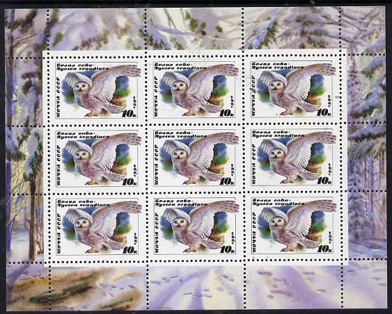 Russia 1990 Owls 10k sheetlet of 9 unmounted mint, see after Mi 6063, stamps on birds, stamps on birds of prey, stamps on owls