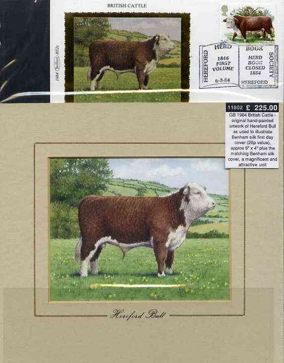 Great Britain 1984 British Cattle - original hand-painted artwork of Hereford Bull as used to illustrate Benham silk first day cover (26p value), approx 5 x 4 plus the matching Benham silk cover, a magnificent and attractive unit, stamps on , stamps on  stamps on animals, stamps on bovine