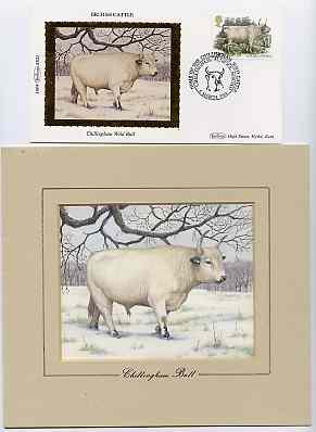 Great Britain 1984 British Cattle - original hand-painted artwork of Chillingham Wild Bull as used to illustrate Benham silk first day cover (20DBp value), approx 5 x 4 plus the matching Benham silk cover, a magnificent and attractive unit, stamps on , stamps on stamps on animals, stamps on bovine