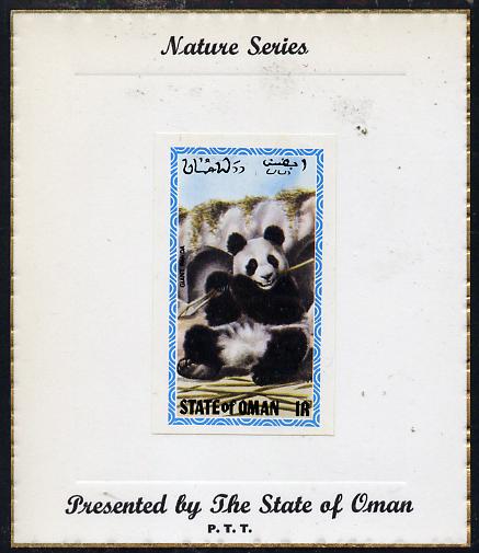 Oman 1980 Pandas (Giant Panda) imperf souvenir sheet (1R value) mounted on special 'Nature Series' presentation card inscribed 'Presented by the State of Oman', stamps on , stamps on  stamps on animals      bears