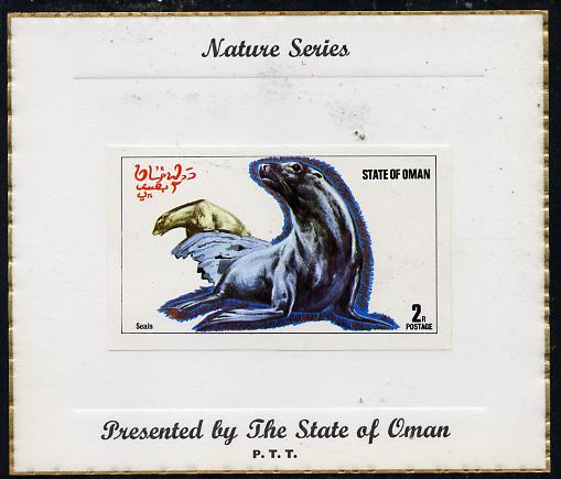 Oman 1974 Animals (Seals) imperf souvenir sheet (2R value) mounted on special 'Nature Series' presentation card inscribed 'Presented by the State of Oman', stamps on animals     marine-life    polar    seal