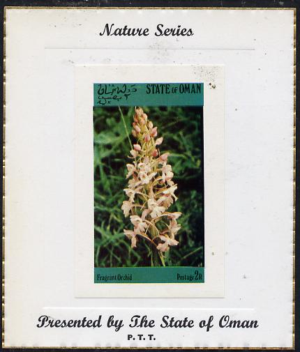 Oman 1973 Orchids imperf souvenir sheet (2R value) mounted on special Nature Series presentation card inscribed Presented by the State of Oman, stamps on flowers  orchids