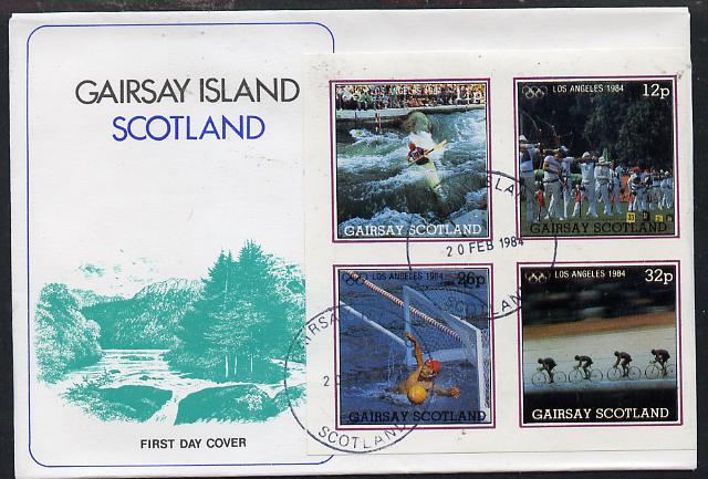 Gairsay 1984 Los Angeles Olympic Games imperf  block of 4 (Canoeing, Archery, Water Polo & Cycling) on cover with first day cancel, stamps on sport   olympics   canoe   archery        water polo   bicycles