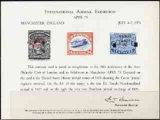 Exhibition souvenir card for 1973 Apex Airmail Exhibition showing  Newfoundland De Pinedo, USA Inverted Jenny & Honduras Airmail stamps