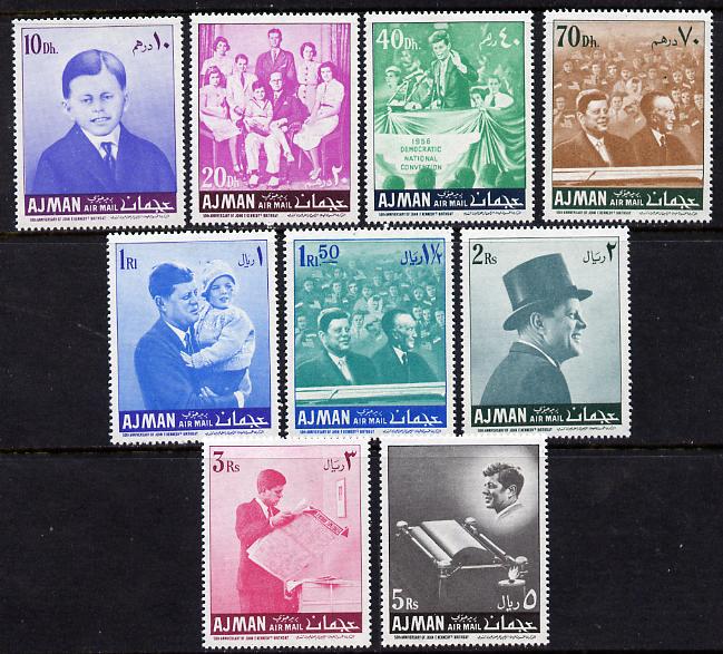 Ajman 1967 Kennedy 50th Anniversary perf set of 9 unmounted mint (Mi 141-9A) , stamps on , stamps on  stamps on kennedy, stamps on  stamps on personalities