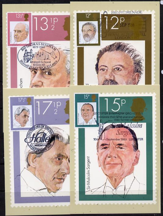 Great Britain 1980 British Conductors set of 4 PHQ cards with appropriate stamps each very fine used with first day cancels, stamps on music, stamps on personalities