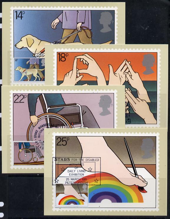 Great Britain 1981 International Year of the Disabled set of 4 PHQ cards with appropriate stamps each very fine used with first day cancels, stamps on disabled    wheelchair, stamps on blind, stamps on dogs