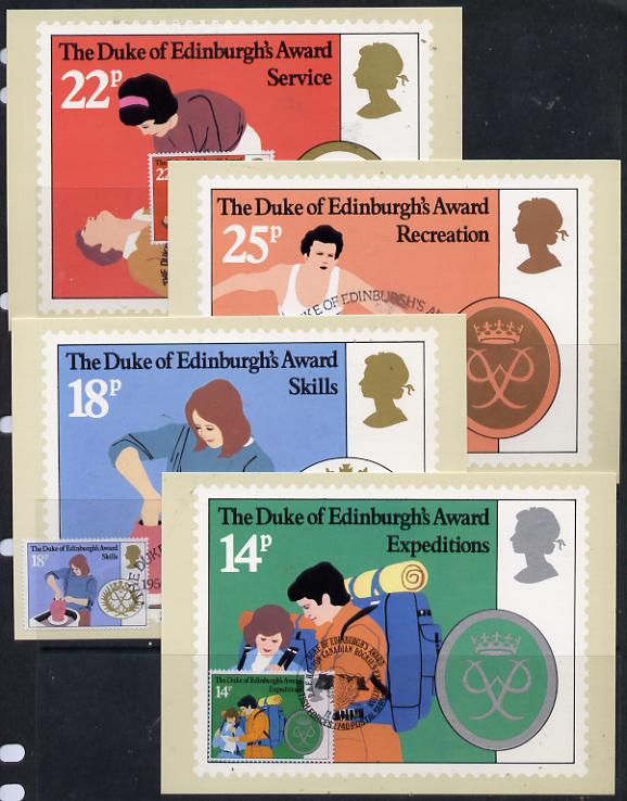 Great Britain 1981 Duke of Edinburgh Award Scheme set of 4 PHQ cards with appropriate stamps each very fine used with first day cancels, stamps on education, stamps on royalty, stamps on youth, stamps on pottery, stamps on medical, stamps on first aid, stamps on mountaineering, stamps on hurdles