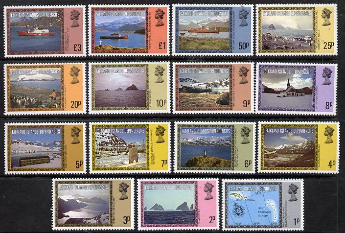 Falkland Islands Dependencies 1980-84 Island Scenes definitive set complete 15 values  1p to A33 (without imprint dates) unmounted mint SG 74A-88A, stamps on , stamps on  stamps on polar, stamps on  stamps on explorers, stamps on  stamps on ships, stamps on  stamps on maps