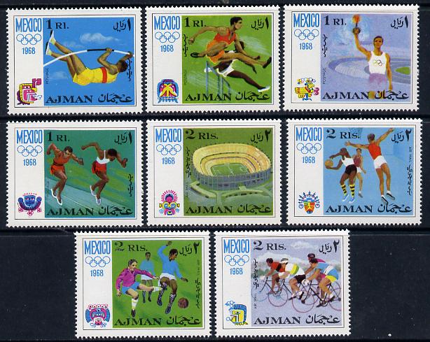 Ajman 1968 Mexico Olympics perf set of 8 unmounted mint Mi 247-54, stamps on olympics, stamps on sport, stamps on football, stamps on basketball, stamps on bicycles, stamps on running, stamps on hurdles, stamps on pole vault