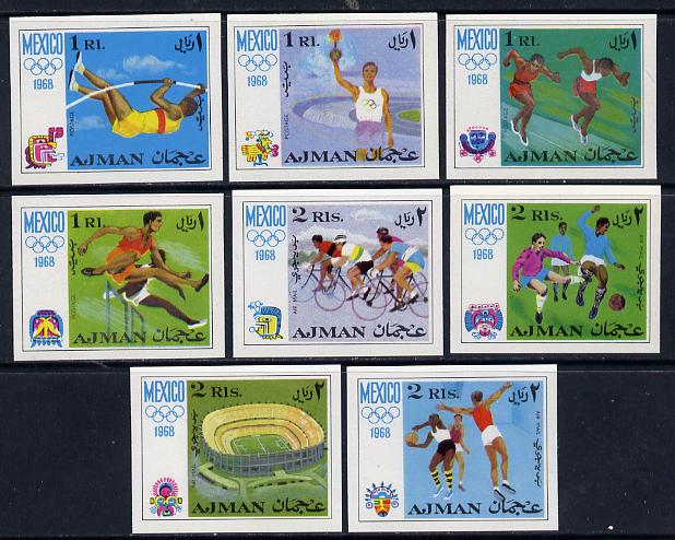 Ajman 1968 Mexico Olympics imperf set of 8 unmounted mint, Mi 247-54B, stamps on , stamps on  stamps on olympics, stamps on  stamps on sport, stamps on  stamps on football, stamps on  stamps on basketball, stamps on  stamps on bicycles, stamps on  stamps on running, stamps on  stamps on hurdles, stamps on  stamps on pole vault