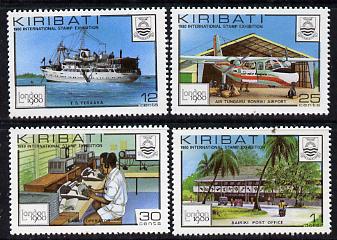 Kiribati 1980 'London 1980' set of 4 unmounted mint, SG 112-5, stamps on , stamps on  stamps on postal, stamps on  stamps on ships, stamps on  stamps on communications, stamps on  stamps on aviation, stamps on  stamps on motorbikes, stamps on  stamps on stamp exhibitions