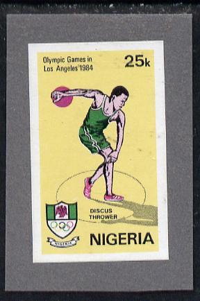 Nigeria 1984 Los Angeles Olympic Games 25k (Discus) imperf machine proof as issued stamp mounted on grey card, stamps on olympics     discus