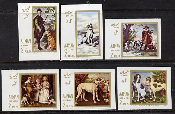 Ajman 1968 Paintings with Dogs imperf set of 6 (Mi 271-6B) unmounted mint, stamps on , stamps on  stamps on animals   arts   dogs