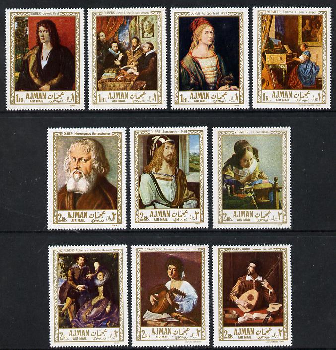 Ajman 1968 Paintings perf set of 10 unmounted mint (Mi 225-34) , stamps on , stamps on  stamps on arts, stamps on  stamps on music, stamps on  stamps on lace, stamps on  stamps on textiles, stamps on  stamps on durer, stamps on  stamps on rubens, stamps on  stamps on vermeer, stamps on  stamps on caravaggio